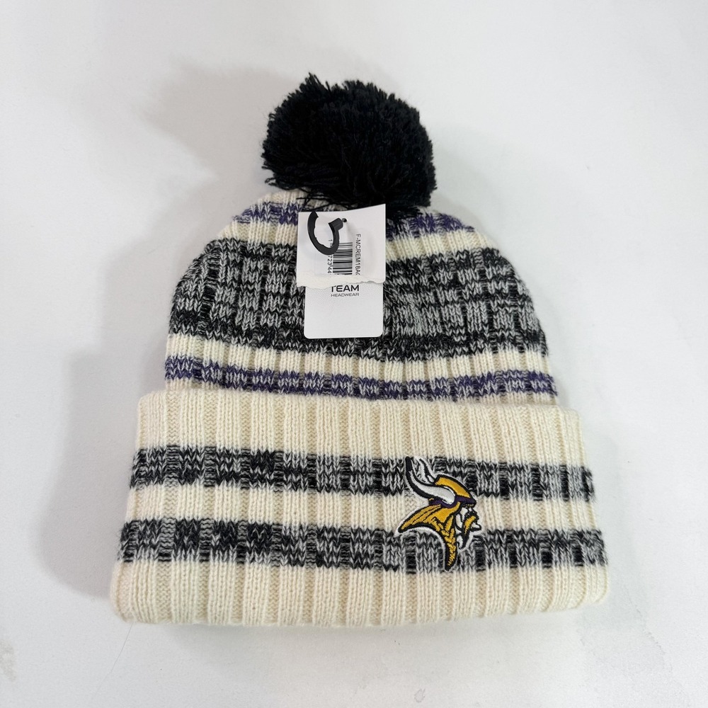 Minnesota Vikings Hat Beanie Knit Pom Mens One Size Cream Black NFL Football NFL